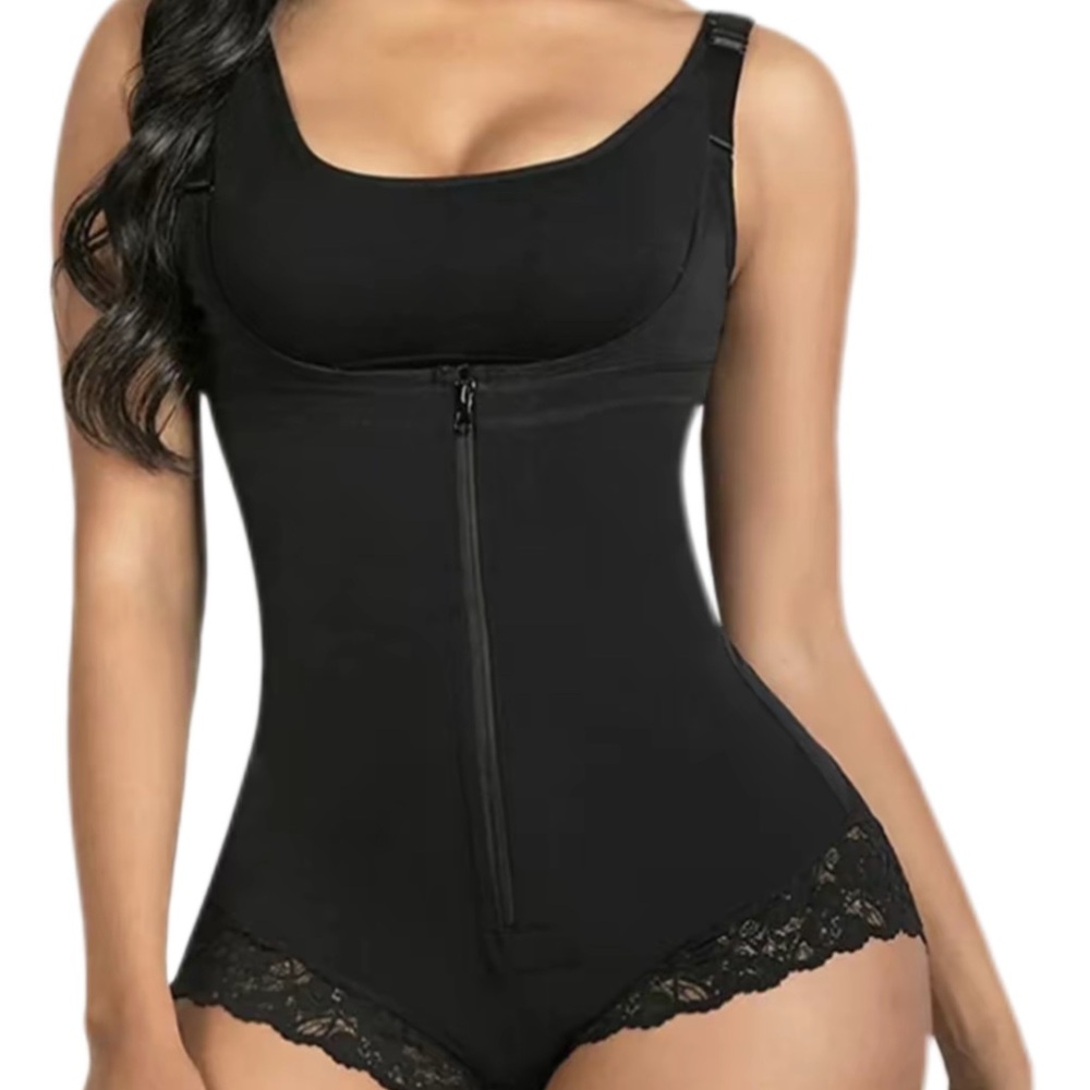 Black Shapewear Bodysuit with Lace Trim and Front Zipper